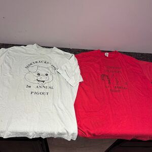 Vintage 1990 Lot of 2 Single Stitch Pig Graphic Sidetracks Tshirts Green Red XXL